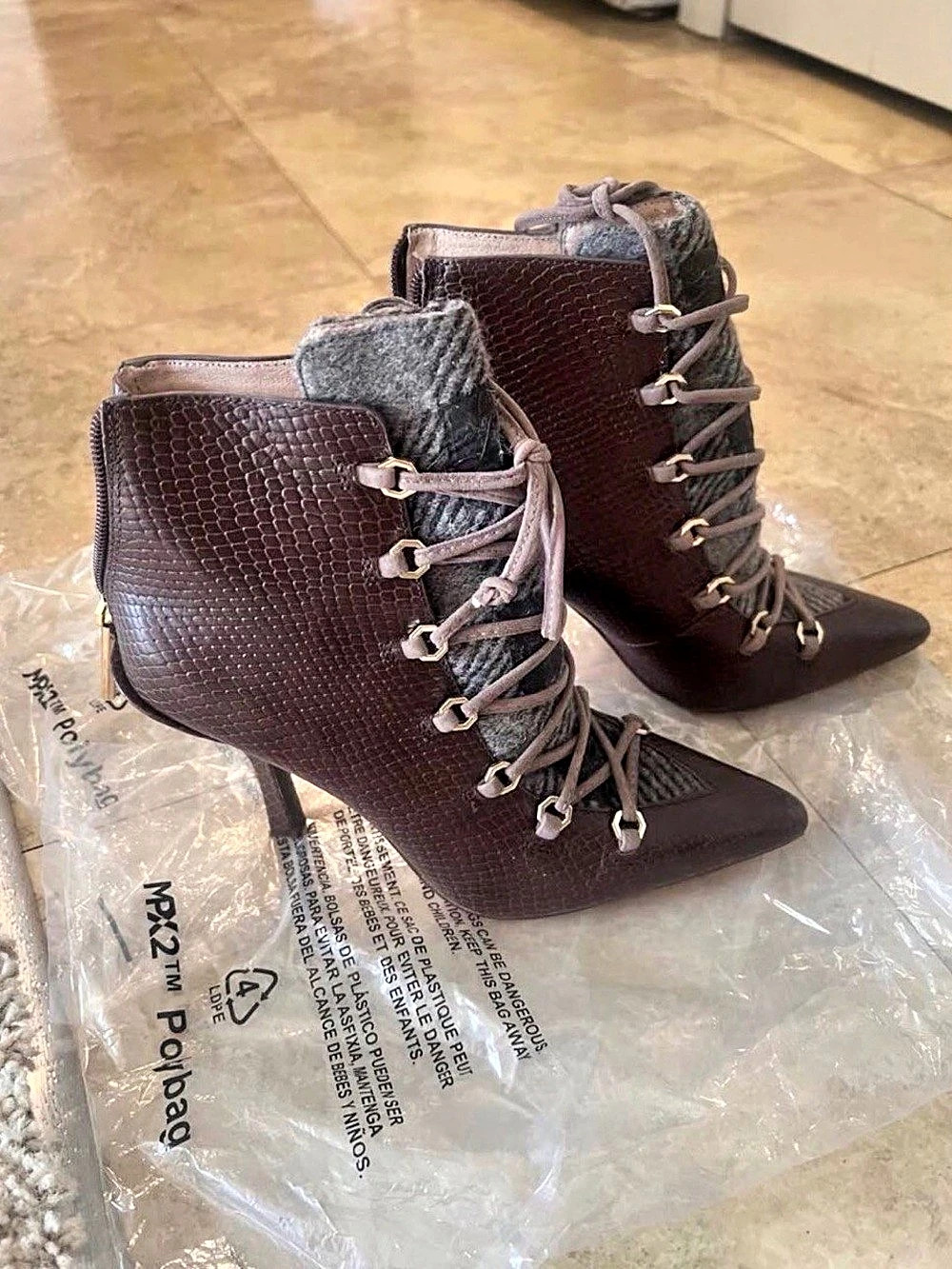 Louise et Cie Vanida Brown Python Embossed & Wool Lace-Up Booties - Size 7 US